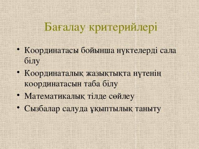  Бағалау критерийлері Координатасы бойынша нүктелерді сала білу Координаталық жазықтықта нүтенің координатасын таба білу Математикалық тілде сөйлеу Сызбалар салуда ұқыптылық таныту 