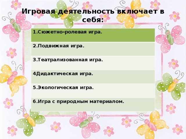 Игровая деятельность включает в себя: 1.Сюжетно-ролевая игра.  2.Подвижная игра.  3.Театрализованная игра.  4Дидактическая игра.  5.Экологическая игра.  6.Игра с природным материалом.  