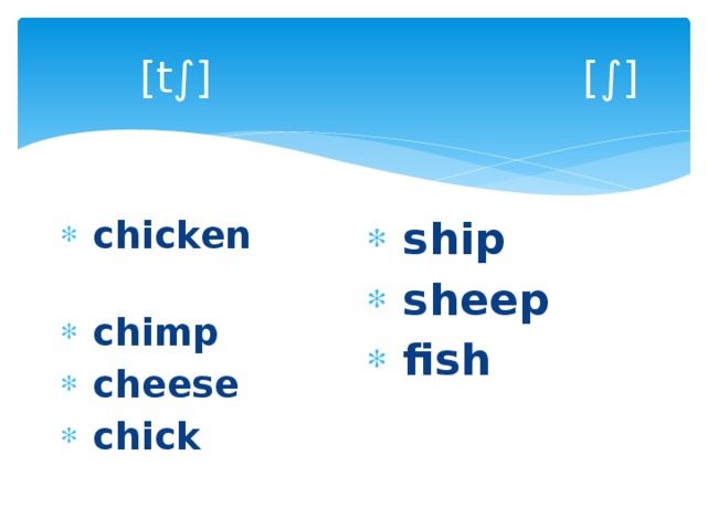  [t∫] [∫]  chicken  chimp  cheese  chick  ship  sheep  fish   