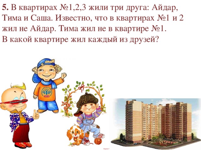 5. В квартирах №1,2,3 жили три друга: Айдар, Тима и Саша. Известно, что в квартирах №1 и 2 жил не Айдар. Тима жил не в квартире №1. В какой квартире жил каждый из друзей? 