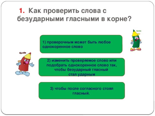  1. Как проверить слова с безударными гласными в корне? 1) проверочным может быть любое однокоренное слово 2) изменить проверяемое слово или подобрать однокоренное слово так, чтобы безударный гласный стал ударным 3) чтобы после согласного стоял гласный. 