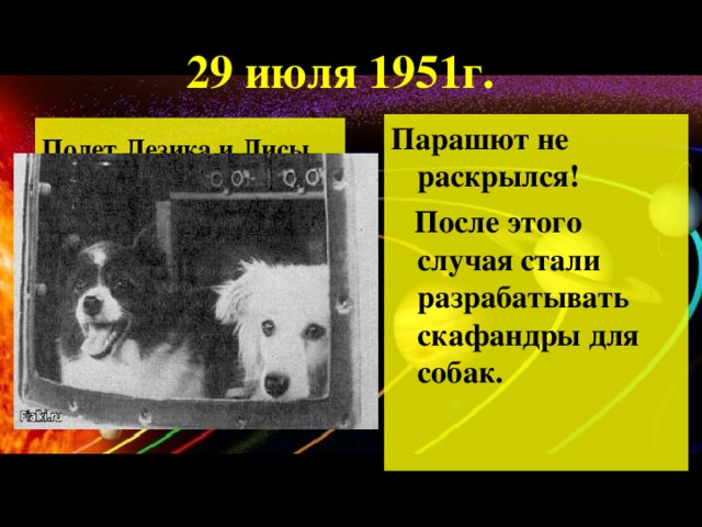 29 июля 1951г. Парашют не раскрылся!  После этого случая стали разрабатывать скафандры для собак.  Полет Дезика и Лисы