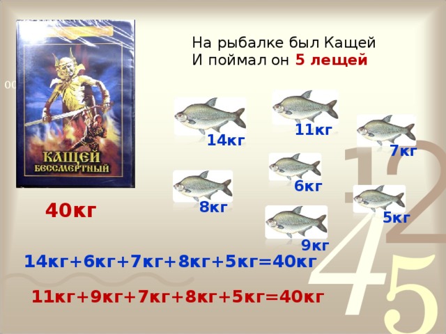 На рыбалке был Кащей И поймал он 5 лещей 11кг 14кг 7кг 6кг 40кг 8кг 5кг 9кг 14кг+6кг+7кг+8кг+5кг=40кг 11кг+9кг+7кг+8кг+5кг=40кг 