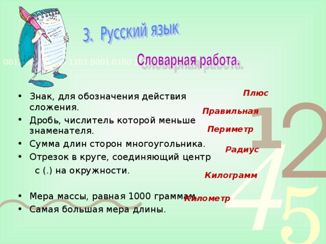 Плюс Знак, для обозначения действия сложения.  Дробь, числитель которой меньше знаменателя.  Сумма длин сторон многоугольника.  Отрезок в круге, соединяющий центр  с (.) на окружности.    Мера массы, равная 1000 граммам. Самая большая мера длины. Правильная  Периметр Радиус Килограмм Километр  