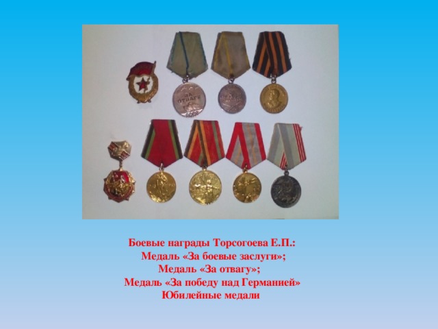 Боевые награды Торсогоева Е.П.:  Медаль «За боевые заслуги»; Медаль «За отвагу»; Медаль «За победу над Германией» Юбилейные медали 