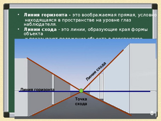 Линии схода Линия горизонта - это воображаемая прямая, условно  находящаяся в пространстве на уровне глаз наблюдателя.  Линии схода - это линии, образующие края формы объекта  и показывают положение объекта в перспективе. Точка схода - точка, в которой соединяются линии схода. Линия горизонта  Точка  схода 8 