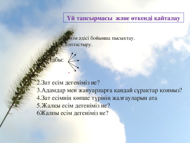 Үй тапсырмасы және өткенді қайталау Кубизм әдісі бойынша пысықтау. 1.Топтастыру.  Сөз табы: 2.Зат есім дегеніміз не? 3.Адамдар мен жануарларға қандай сұрақтар қоямыз? 4.Зат есімнің көпше түрінің жалғауларын ата 5.Жалқы есім дегеніміз не? 6Жалпы есім дегеніміз не? . 