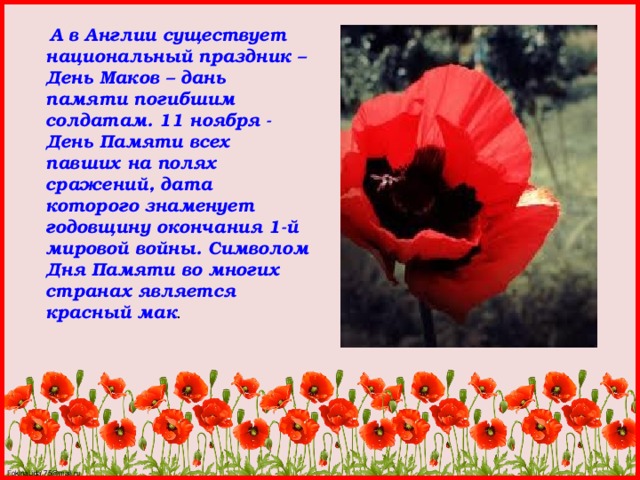  А в Англии существует национальный праздник – День Маков – дань памяти погибшим солдатам. 11 ноября - День Памяти всех павших на полях сражений, дата которого знаменует годовщину окончания 1-й мировой войны. Символом Дня Памяти во многих странах является красный мак . 