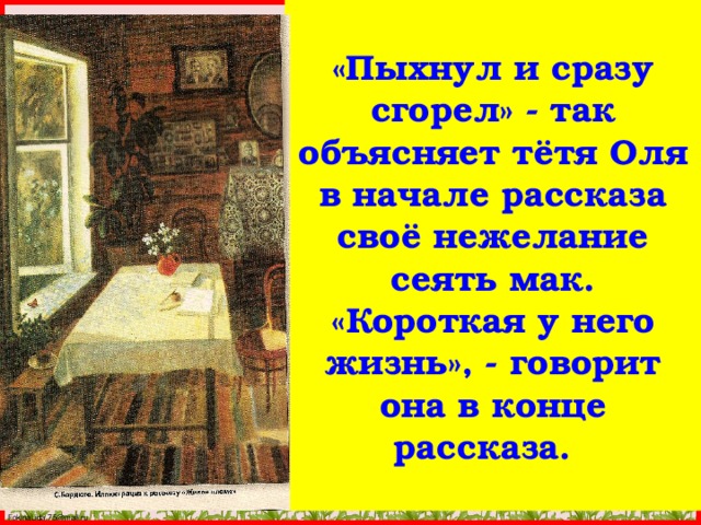 «Пыхнул и сразу сгорел» - так объясняет тётя Оля в начале рассказа своё нежелание сеять мак. «Короткая у него жизнь», - говорит она в конце рассказа.  