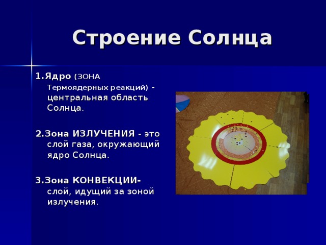 1.Ядро (ЗОНА Термоядерных реакций)  - центральная область Солнца. 2.Зона ИЗЛУЧЕНИЯ - это слой газа, окружающий ядро Солнца. 3.Зона КОНВЕКЦИИ- слой, идущий за зоной излучения.