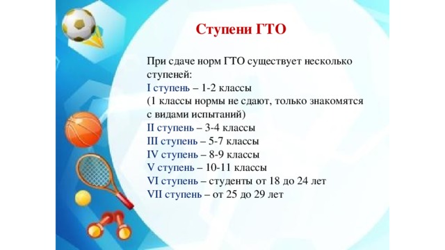 Ступени ГТО При сдаче норм ГТО существует несколько ступеней: I ступень – 1-2 классы (1 классы нормы не сдают, только знакомятся с видами испытаний) II ступень – 3-4 классы III ступень – 5-7 классы IV ступень – 8-9 классы V ступень – 10-11 классы VI ступень – студенты от 18 до 24 лет VII ступень – от 25 до 29 лет 