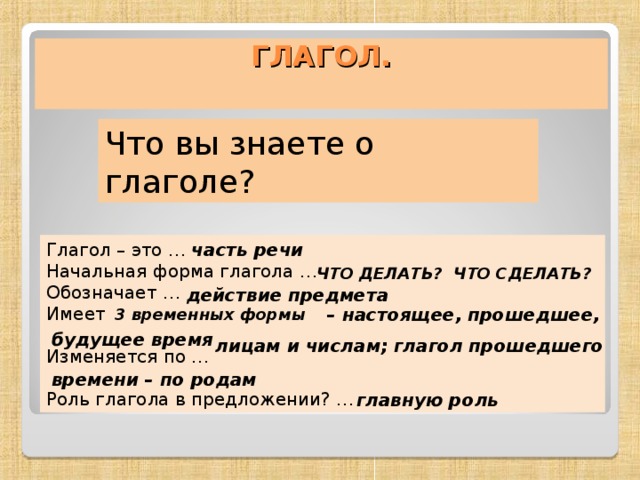 Подготовься рассказать о глаголе по плану