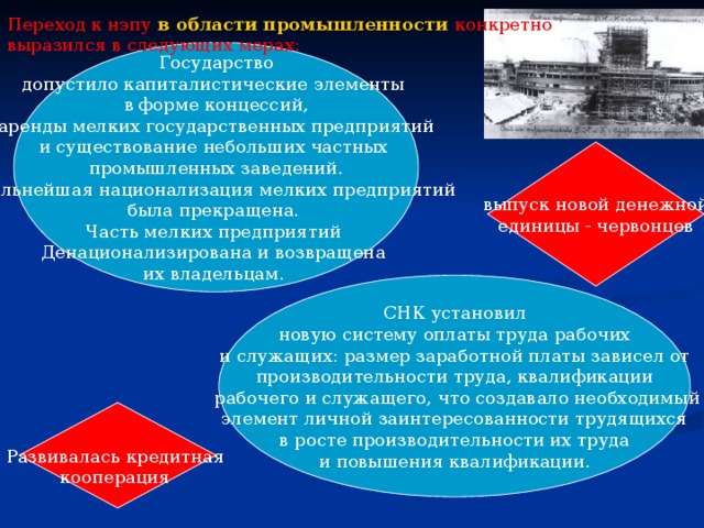 Переход к нэпу в области промышленности конкретно выразился в следующих мерах: Государство допустило капиталистические элементы в форме концессий,  аренды мелких государственных предприятий и существование  небольших частных промышленных заведений.  Дальнейшая национализация мелких предприятий была прекращена. Часть мелких предприятий Денационализирована и возвращена их владельцам. выпуск новой денежной  единицы - червонцев СНК установил новую систему оплаты труда рабочих  и служащих: размер заработной платы зависел от производительности труда, квалификации  рабочего и служащего, что создавало необходимый  элемент личной заинтересованности трудящихся в росте производительности их труда и повышения квалификации. Развивалась кредитная кооперация 