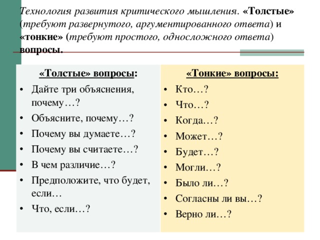 Технология развития критического мышления. «Толстые» ( требуют развернутого, аргументированного ответа ) и «тонкие» ( требуют простого, односложного ответа ) вопросы. «Толстые» вопросы : Дайте три объяснения, почему…? Объясните, почему…? Почему вы думаете…? Почему вы считаете…? В чем различие…? Предположите, что будет, если… Что, если…? «Тонкие» вопросы: Кто…? Что…? Когда…? Может…? Будет…? Могли…? Было ли…? Согласны ли вы…? Верно ли…? 