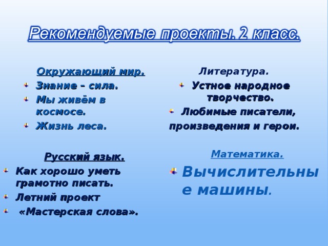 Окружающий мир. Литература. Знание – сила. Мы живём в космосе. Жизнь леса. Устное народное творчество. Любимые писатели,  произведения и герои. Математика. Вычислительные машины . Русский язык. Как хорошо уметь грамотно писать. Летний проект  «Мастерская слова». 