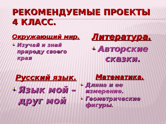 РЕКОМЕНДУЕМЫЕ ПРОЕКТЫ 4 КЛАСС.  Литература. Авторские сказки.  Окружающий мир. Изучай и знай природу своего края   Русский язык.  Математика. Язык мой – друг мой Длина и ее измерение. Геометрические фигуры . 