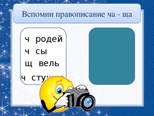 Вспомни правописание ча - ща ч а родей ч а сы щ а вель ч а стушка 