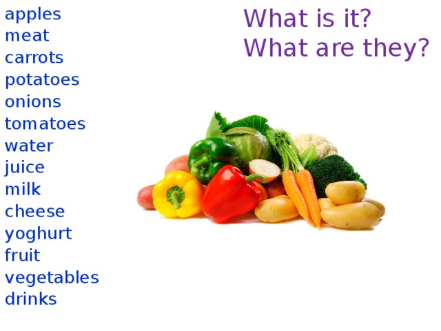 What is it? apples What are they? meat carrots potatoes onions tomatoes water juice milk cheese yoghurt fruit vegetables drinks 