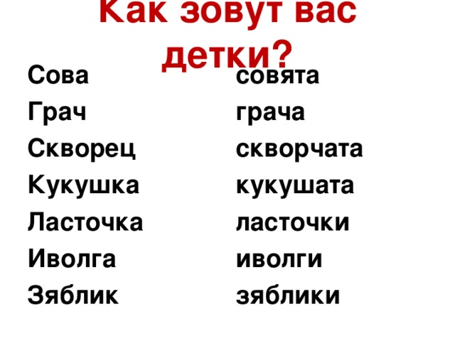 Как зовут вас детки ? Сова Грач Скворец Кукушка Ласточка Иволга Зяблик совята грача скворчата кукушата ласточки иволги зяблики 