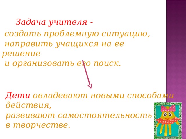 Задача учителя -  создать проблемную ситуацию,  направить учащихся на ее решение  и организовать его поиск. Дети овладевают новыми способами действия, развивают самостоятельность в творчестве. 