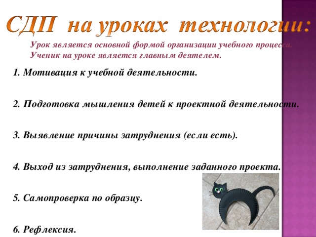 Урок является основной формой организации учебного процесса. Ученик на уроке является главным деятелем. 1. Мотивация к учебной деятельности.   2. Подготовка мышления детей к проектной деятельности.  3. Выявление причины затруднения (если есть).  4. Выход из затруднения, выполнение заданного проекта.  5. Самопроверка по образцу.  6. Рефлексия.  