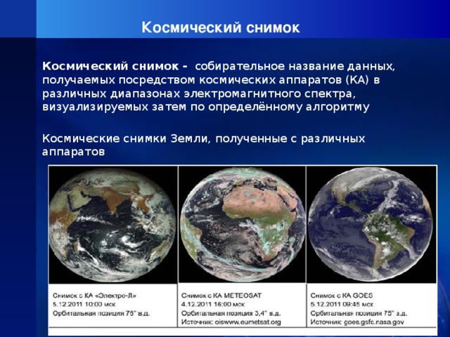 Космический снимок Космический снимок - собирательное название данных, получаемых посредством космических аппаратов (КА) в различных диапазонах электромагнитного спектра, визуализируемых затем по определённому алгоритму Космические снимки Земли, полученные с различных аппаратов 