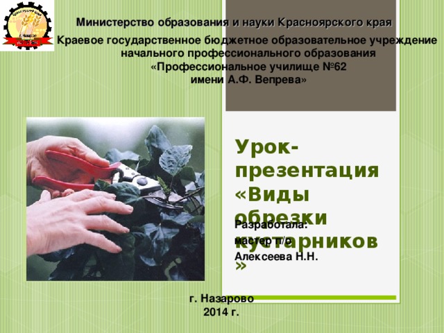 Министерство образования и науки Красноярского края Краевое государственное бюджетное образовательное учреждение  начального профессионального образования  «Профессиональное училище №62  имени А.Ф. Вепрева»   Урок-презентация  «Виды обрезки кустарников» Разработала: мастер п/о Алексеева Н.Н. г. Назарово 2014 г.