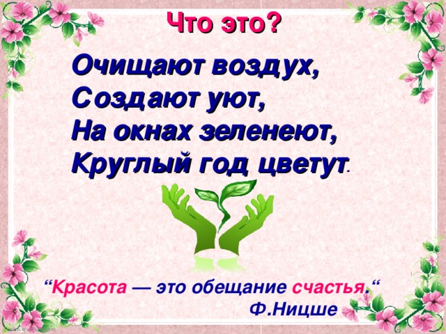 Что это? Очищают воздух,    Создают уют,  На окнах зеленеют,    Круглый год цветут .  “ Красота — это обещание счастья .“     Ф.Ницше