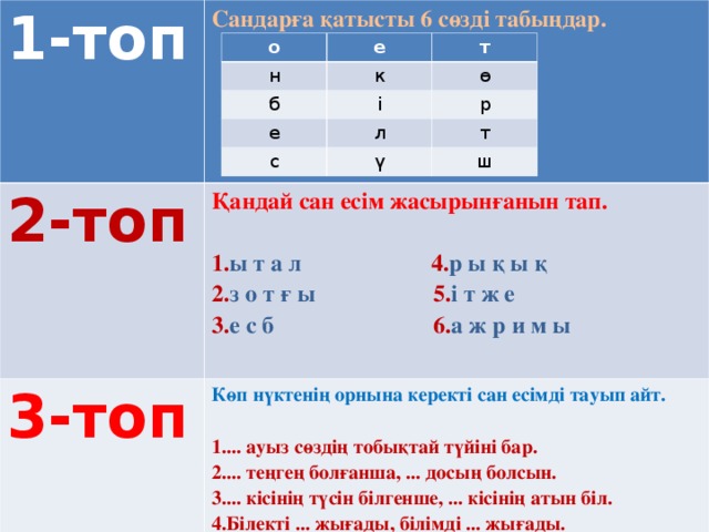 1-топ Сандарға қатысты 6 сөзді табыңдар.  2-топ Қандай сан есім жасырынғанын тап.  3-топ 1. ы т а л 4. р ы қ ы қ 2. з о т ғ ы 5. і т ж е 3. е с б 6. а ж р и м ы Көп нүктенің орнына керекті сан есімді тауып айт.  ... ауыз сөздің тобықтай түйіні бар. ... теңгең болғанша, ... досың болсын. ... кісінің түсін білгенше, ... кісінің атын біл. Білекті ... жығады, білімді ... жығады. о н е т к б ө і е р л с т ү ш 