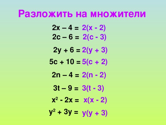 Разложить на множители 2х – 4 = 2(х  -  2)   2с  –  6 =  2(с  -  3)   2у  +  6  = 2(у  +  3) 5(с  +  2) 5с  +  10  = 2 n –  4  = 2( n -  2) 3 t – 9 = 3(t - 3)  х 2  -  2х  = х(х  -  2) у 2  +  3у  = у(у  +  3) 