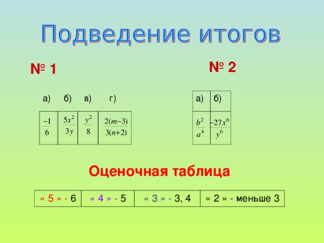 № 2 № 1 а) б) а)  б)  в)  г) Оценочная таблица « 5 » - 6 « 4 » - 5 « 3 » - 3, 4 « 2 » - меньше 3 