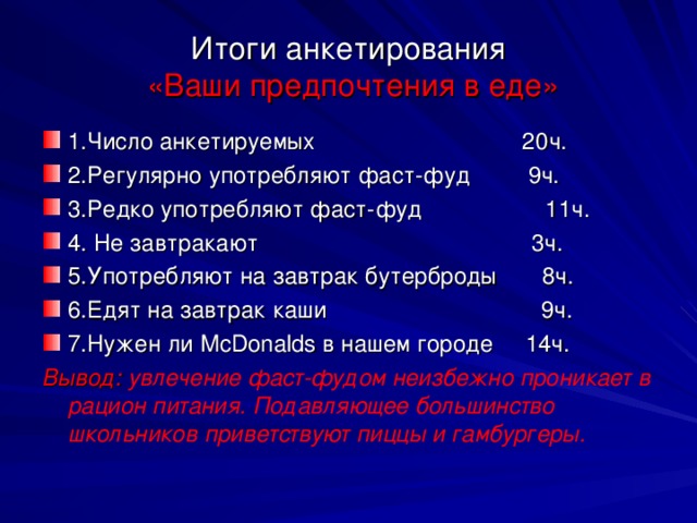 Итоги анкетирования   «Ваши предпочтения в еде» 1.Число анкетируемых 2 0 ч. 2.Регулярно употребляют фаст-фуд 9 ч. 3.Редко употребляют фаст-фуд 11 ч. 4. Не завтракают 3 ч. 5.Употребляют на завтрак бутерброды 8ч. 6.Едят на завтрак каши 9 ч. 7.Нужен ли McDonalds в нашем городе 14ч. Вывод: увлечение фаст-фудом неизбежно проникает в рацион питания. Подавляющее большинство школьников приветствуют пиццы и гамбургеры.  