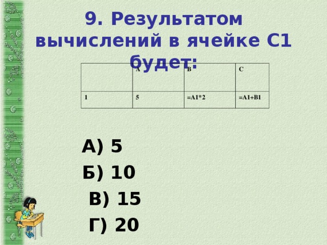 9. Результатом вычислений в ячейке С1 будет:   А 1 5 В С =А1*2 =А1+В1 А) 5 Б) 10  В) 15  Г) 20 