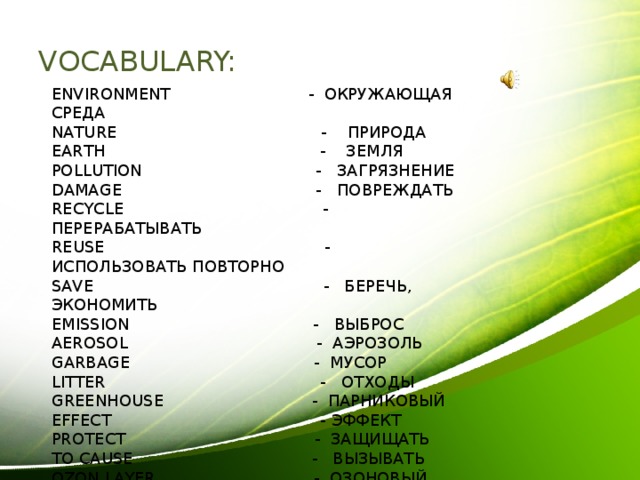 VOCABULARY: ENVIRONMENT - ОКРУЖАЮЩАЯ СРЕДА NATURE - ПРИРОДА EARTH - ЗЕМЛЯ POLLUTION - ЗАГРЯЗНЕНИЕ DAMAGE - ПОВРЕЖДАТЬ RECYCLE - ПЕРЕРАБАТЫВАТЬ REUSE - ИСПОЛЬЗОВАТЬ ПОВТОРНО SAVE - БЕРЕЧЬ, ЭКОНОМИТЬ EMISSION - ВЫБРОС AEROSOL - АЭРОЗОЛЬ GARBAGE - МУСОР LITTER - ОТХОДЫ GREENHOUSE - ПАРНИКОВЫЙ EFFECT - ЭФФЕКТ PROTECT - ЗАЩИЩАТЬ TO CAUSE - ВЫЗЫВАТЬ OZON LAYER - ОЗОНОВЫЙ СЛОЙ 