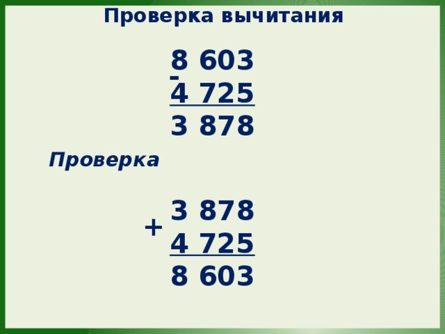 Проверка вычитания 8 603 4 725 3 878 - Проверка 3 878 4 725 8 603 + 