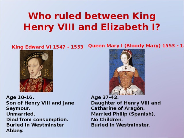      Who ruled between King Henry VIII and Elizabeth I?    Queen Mary I (Bloody Mary) 1553 - 1558 King Edward VI 1547 - 1553 Age 37-42. Daughter of Henry VIII and Catharine of Aragón. Married Philip (Spanish). No Children. Buried in Westminster. Age 10-16. Son of Henry VIII and Jane Seymour. Unmarried. Died from consumption. Buried in Westminster Abbey. 