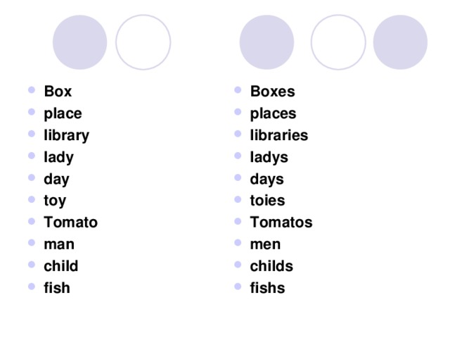 Box place library lady day toy Tomato man child fish Box е s places libraries ladys days toies Tomatos men childs fishs 