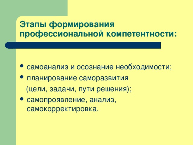 Этапы формирования профессиональной компетентности: самоанализ и осознание необходимости; планирование саморазвития  (цели, задачи, пути решения); самопроявление, анализ, самокорректировка.  