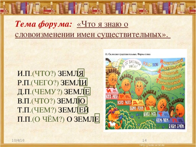                Тема форума: «Что я знаю о словоизменении имен существительных».  И.П .(ЧТО?) земля  Р.п .(ЧЕГО?) земли  Д.п .(ЧЕМУ?) земле  В.п .(ЧТО?) землю  Т.п .(ЧЕМ?) землей  П.п .(О ЧЁМ?) о земле   10/4/16  