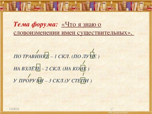 Тема форума: «Что я знаю о словоизменении имен существительных». По травинке – 1 скл. (по луне )   на взлёте – 2 скл. (на коне )   у проруби – 3 скл.(у степи )   10/4/16  