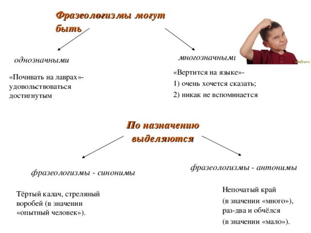 Фразеологизмы могут быть многозначными однозначными «Вертится на языке»- 1) очень хочется сказать; 2) никак не вспоминается «Почивать на лаврах»- удовольствоваться достигнутым По назначению выделяются фразеологизмы - антонимы фразеологизмы - синонимы Непочатый край (в значении «много»), раз-два и обчёлся (в значении «мало»). Тёртый калач, стреляный воробей (в значении «опытный человек»). 