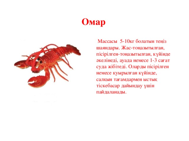 Омар  Массасы 5-10кг болатын теңіз шаяндары. Жас-тоңазытылған, пісірілген-тоңазытылған, күйінде әкелінеді, ауада немесе 1-3 сағат суда жібітеді. Оларды пісірілген немесе қуырылған күйінде, салқын тағамдармен ыстық тіскебасар дайындау үшін пайдаланады. 