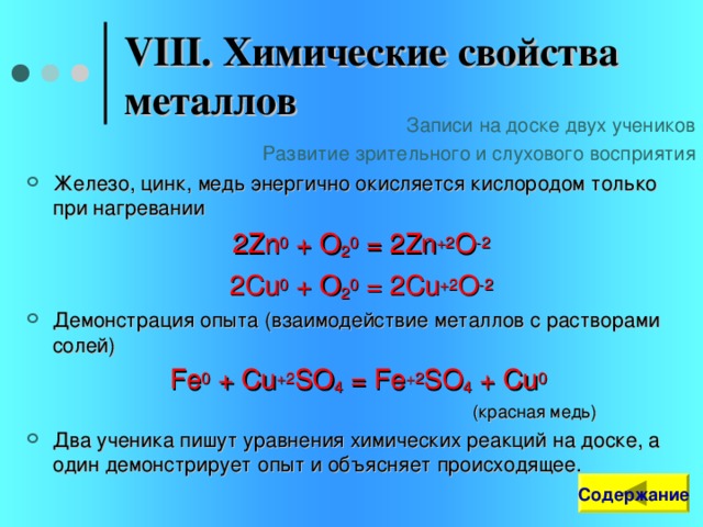 VIII. Химические свойства металлов  Записи на доске двух учеников Развитие зрительного и слухового восприятия Железо, цинк, медь энергично окисляется кислородом только при нагревании 2 Zn 0 + O 2 0 = 2 Zn +2 O -2 2 Cu 0 + O 2 0 = 2 Cu +2 O -2 Демонстрация опыта (взаимодействие металлов с растворами солей) Fe 0 + Cu +2 SO 4 = Fe +2 SO 4 + Cu 0          ( красная  медь ) Два ученика пишут уравнения химических реакций на доске, а один демонстрирует опыт и объясняет происходящее. Содержание  
