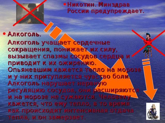 Никотин. Минздрав России предупреждает. Алкоголь.  Алкоголь учащает сердечные сокращения, понижает их силу, вызывает спазмы сосудов сердца и приводит к их ожирению. Опьяневшим кажется тепло на морозе и у них притупляется чувство боли. Алкоголь нарушает нервную регуляцию сосудов, они расширяются и на морозе не сужаются. Человеку кажется, что ему тепло, в то время как происходит интенсивная отдача тепла, и он замерзает. 14 