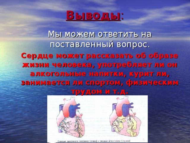 Выводы : Мы можем ответить на поставленный вопрос. Сердце может рассказать об образе жизни человека, употребляет ли он алкогольные напитки, курит ли, занимается ли спортом, физическим трудом и т.д. 20 