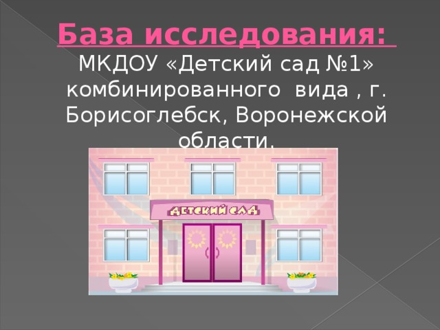 База исследования:   МКДОУ «Детский сад №1» комбинированного вида , г. Борисоглебск, Воронежской области.   