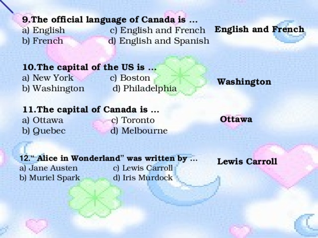 9.The official language of Canada is … a) English c) English and French b) French d) English and Spanish English and French 10.The capital of the US is … a) New York c) Boston b) Washington d) Philadelphia 11.The capital of Canada is … a) Ottawa c) Toronto b) Quebec d) Melbourne Washington Ottawa 12.“ Alice in Wonderland ” was written by … a) Jane Austen c) Lewis Carroll b) Muriel Spark d) Iris Murdock Lewis Carroll 