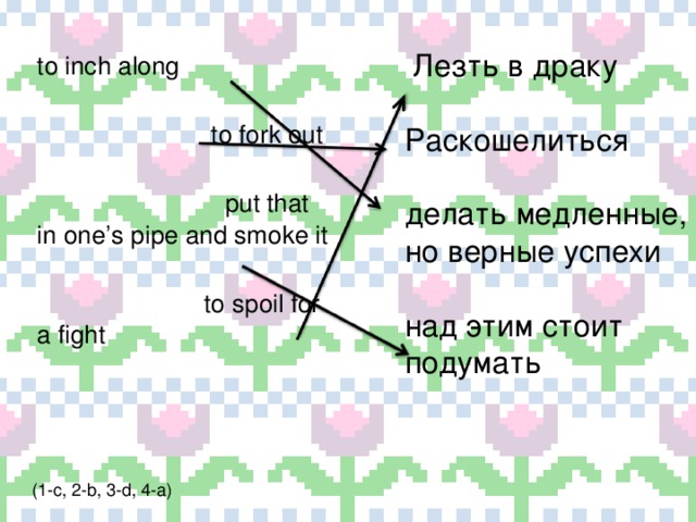  Лезть в драку Раскошелиться делать медленные, но верные успехи над этим стоит подумать to inch along   to fork out   put that in one’s pipe and smoke it   to spoil for a fight (1-c, 2-b, 3-d, 4-a) 