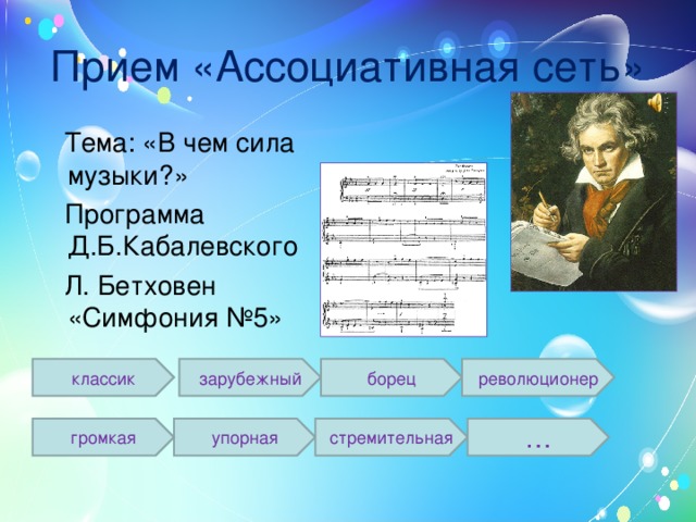 Прием «Ассоциативная сеть»  Тема: «В чем сила музыки?»  Программа Д.Б.Кабалевского  Л. Бетховен «Симфония №5» классик зарубежный борец революционер упорная стремительная … громкая 