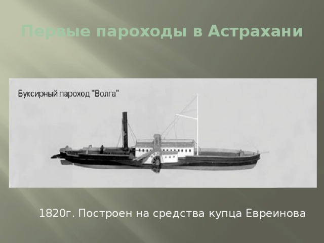 Первые пароходы в Астрахани 1820г. Построен на средства купца Евреинова 